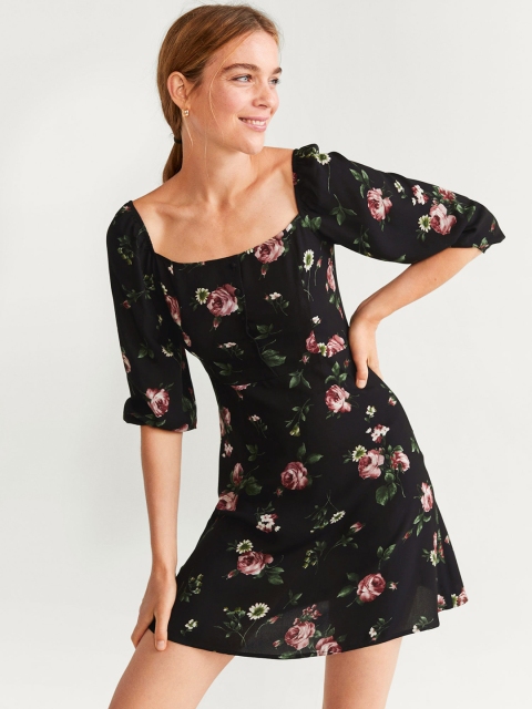 

MANGO Women Black & Pink Printed Sheath Dress