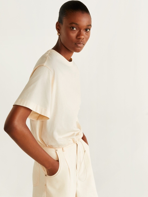 

MANGO Women Cream-Coloured Solid Round Neck T-shirt