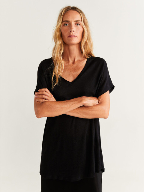 

MANGO Women Charcoal Grey Solid V-Neck Linen T-shirt