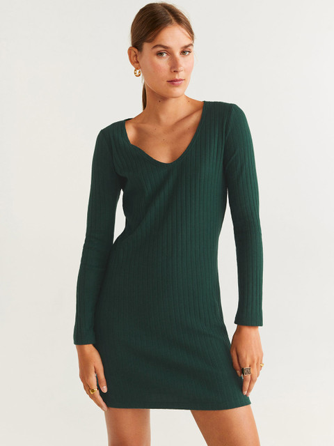 

MANGO Women Teal Green Solid Sweater Dress