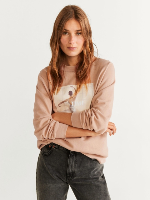 

MANGO Women Peach-Coloured & Off-White Printed Sweatshirt