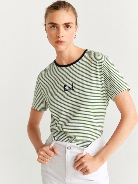 

MANGO Women Green & White Organic Cotton Striped Round Neck T-shirt