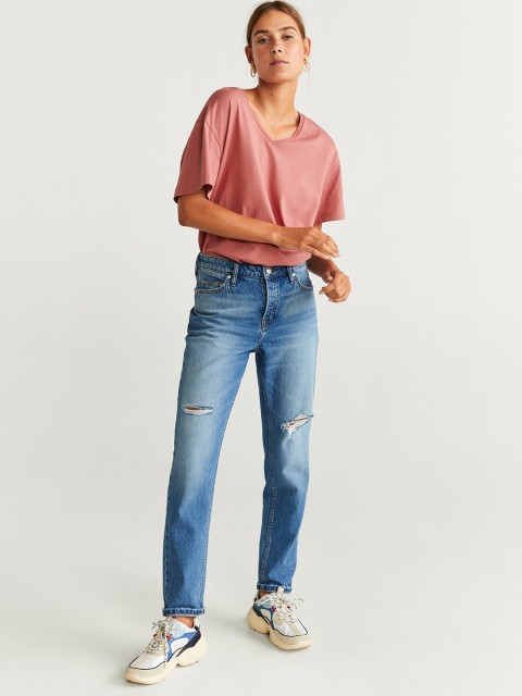 

MANGO Women Dusty Pink Solid V-Neck T-shirt