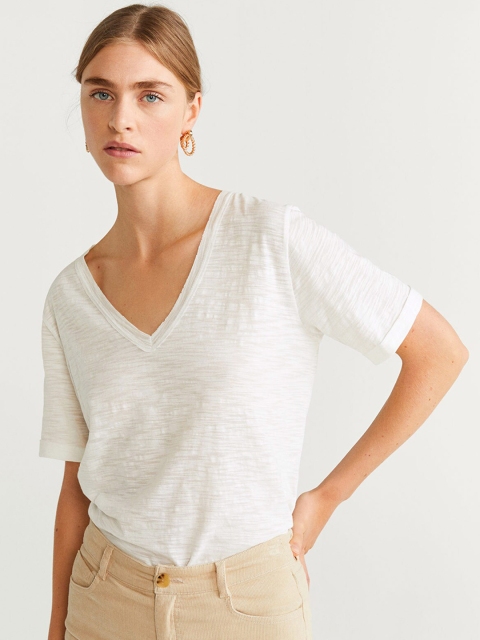 

MANGO Women White Solid V-Neck T-shirt