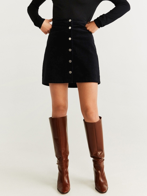 

MANGO Women Black Solid Corduroy A-Line Skirt