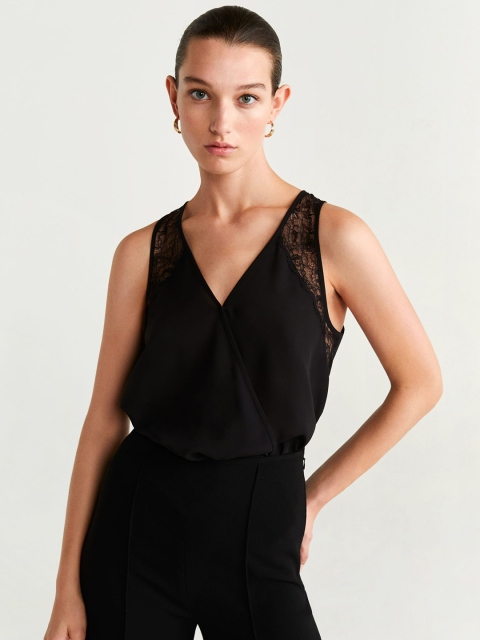 

MANGO Women Black Solid Top With Lace Detail