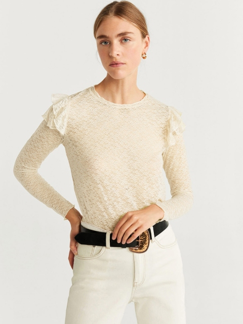 

MANGO Women Cream-Coloured Self Design Sheer Top