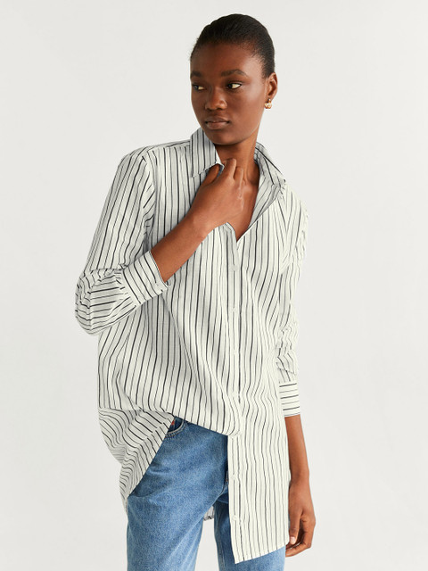 

MANGO Women White & Black Regular Fit Striped Casual Shirt
