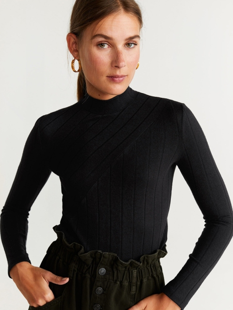 

MANGO Women Black Striped High Neck T-shirt