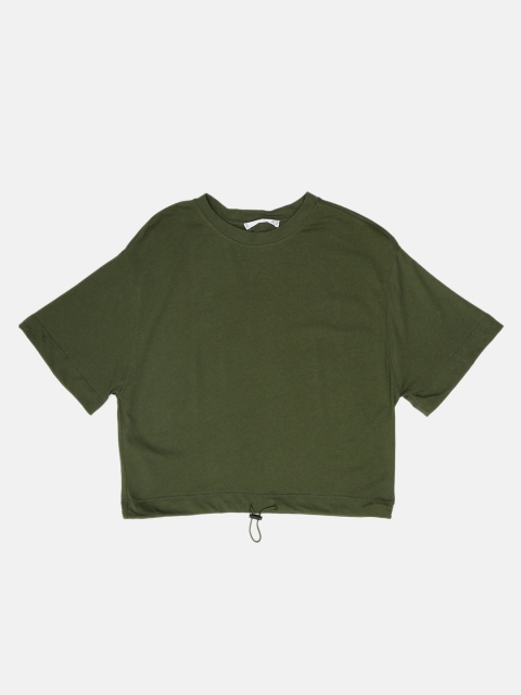 

MANGO Women Olive Green Solid Round Neck T-shirt