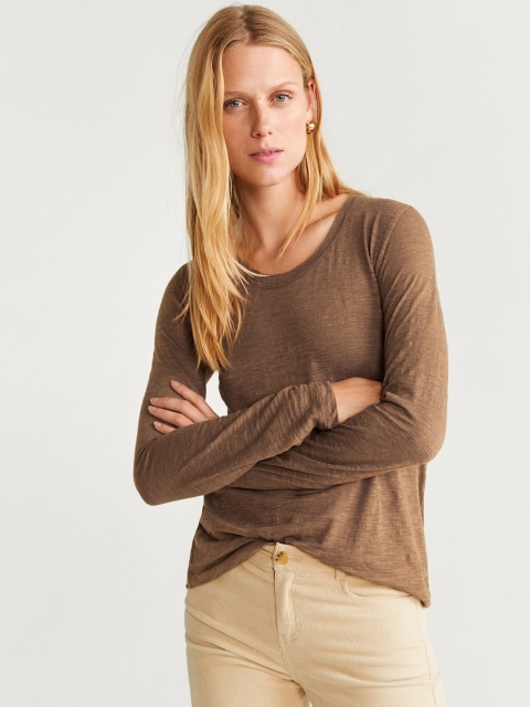 

MANGO Women Brown Solid Round Neck T-shirt