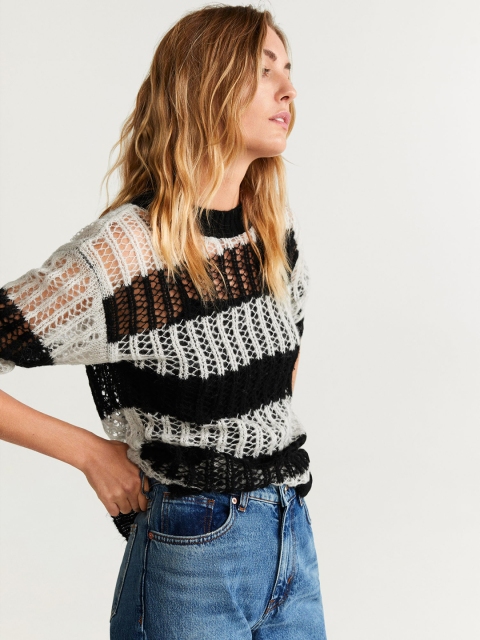 

MANGO Women Off-White Striped Open Knit Pullover
