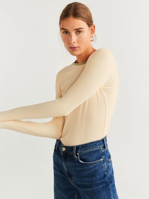 

MANGO Women Beige Ribbed Round Neck T-shirt