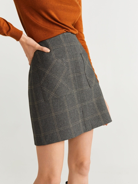 

MANGO Women Grey & Yellow Checked A-Line Mini Skirt