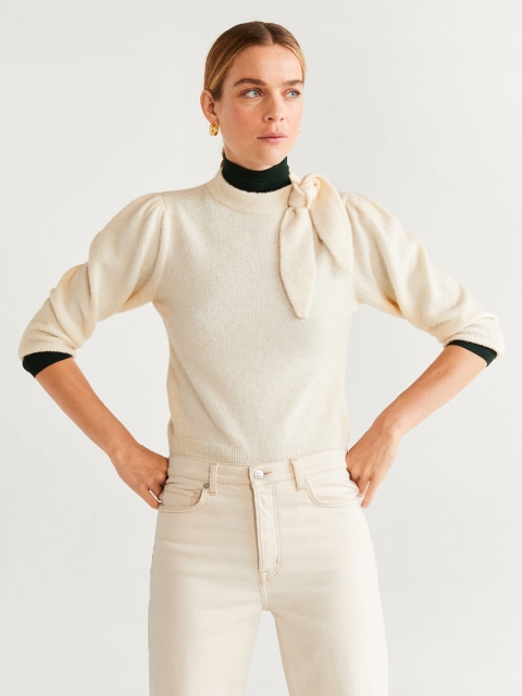 

MANGO Women Off-White Solid Pullover