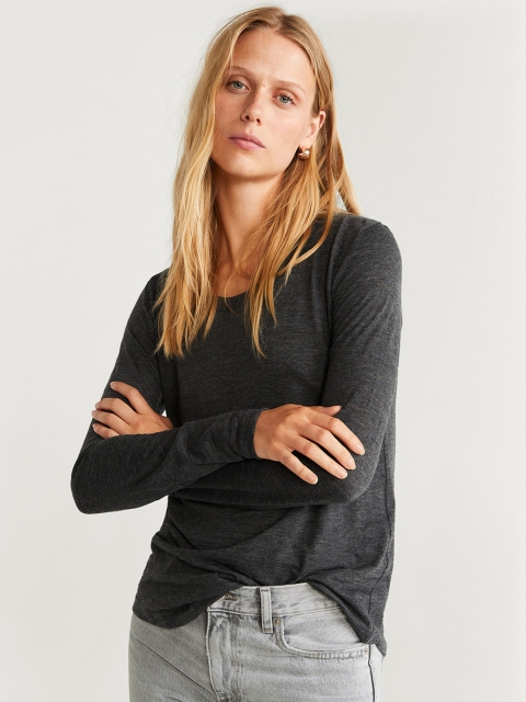 

MANGO Women Charcoal Grey Solid Round Neck T-shirt