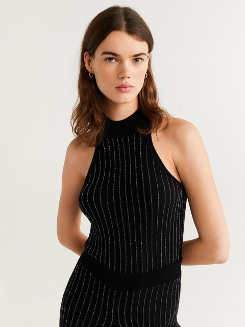 

MANGO Women Black & Gold-Toned Striped Top