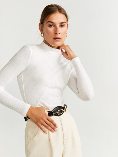 

MANGO Women Off-White Self-Striped Top