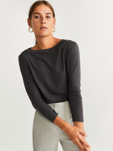 

MANGO Women Charcoal Grey Solid Round Neck T-shirt