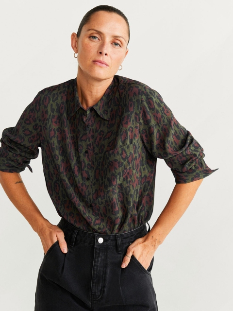 

MANGO Women Green & Brown Regular Fit Printed Casual Shirt
