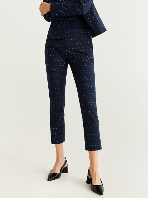 

MANGO Women Navy Blue & White Regular Fit Printed Cropped Trousers
