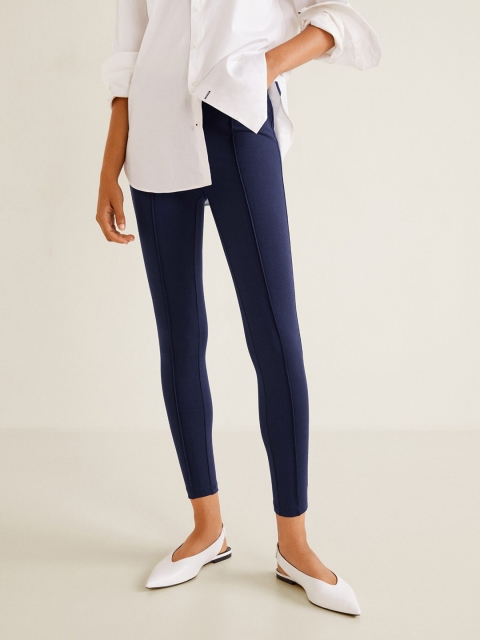 

MANGO Women Navy Blue Solid Treggings