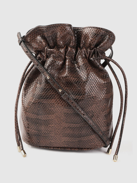 

MANGO Coffee Brown & Black Snakeskin-Textured Sling Bag