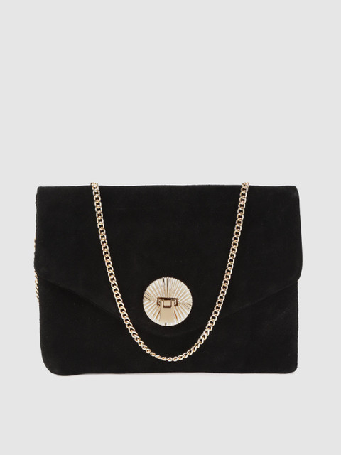 

MANGO Black Solid Suede Foldover Clutch