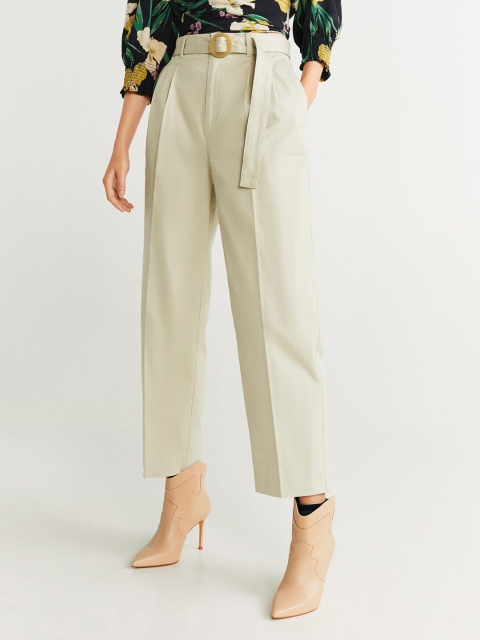 

MANGO Women Beige Regular Fit Solid Cropped Trousers