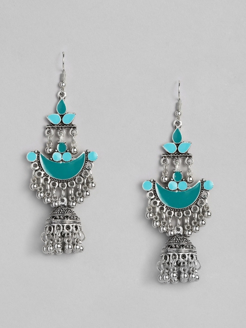 

Anouk Silver-Toned & Blue Dome Shaped Enamelled Jhumkas