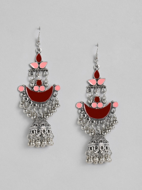 

Anouk Silver-Toned & Maroon Dome Shaped Enamelled Jhumkas