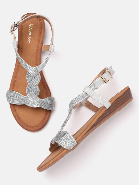 

Allen Solly Women Silver-Toned Woven Design Open Toe Flats