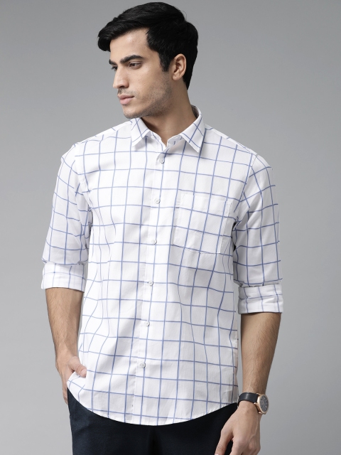 

Blackberrys Men White & Blue Giza Cotton Slim Fit Checked Casual Shirt