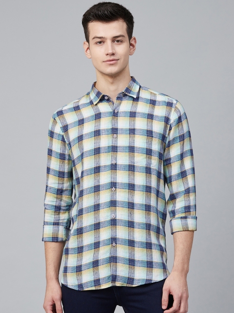 

Blackberrys Men Blue & Yellow Linen Slim Fit Checked Casual Shirt