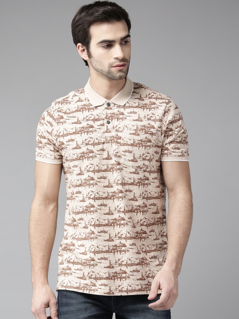 

Blackberrys Men Beige & Brown Printed Polo Collar T-shirt