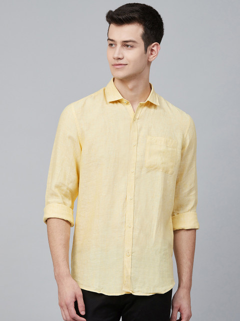 

Blackberrys Men Yellow Flax Linen Slim Fit Solid Casual Shirt