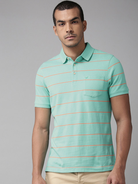 

Blackberrys Men Sea Green & Orange Striped Polo Collar T-shirt