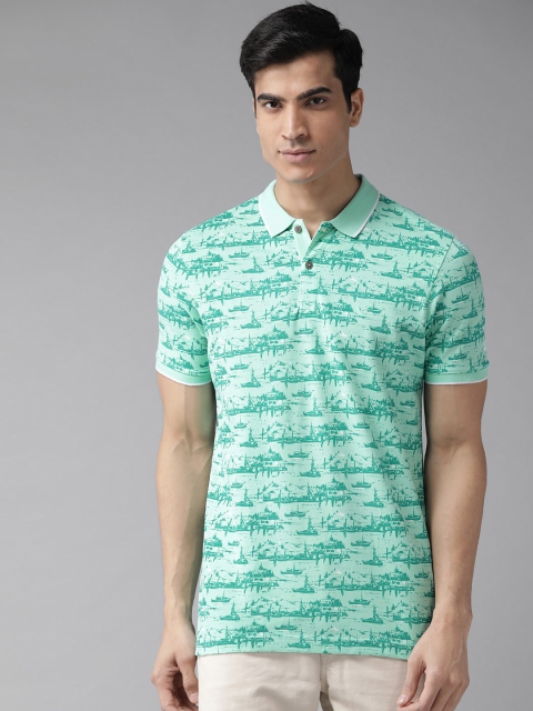 

Blackberrys Men Sea Green Printed Polo Collar Pure Cotton T-shirt