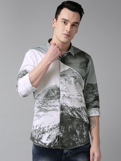 

Blackberrys Men Off-White & Green Trim Fit Printed Casual Shirt