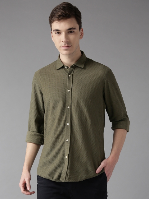 

Blackberrys Men Olive Green Trim Slim Fit Knitted Self Design Casual Shirt