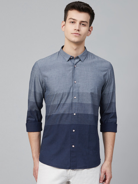

Blackberrys Men Blue Slim Fit Striped Casual Chambray Shirt