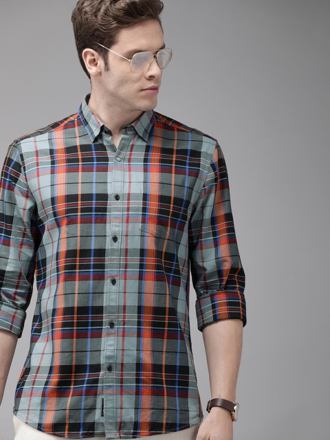 

Blackberrys Men Grey & Rust Orange Slim Fit Checked Casual Shirt