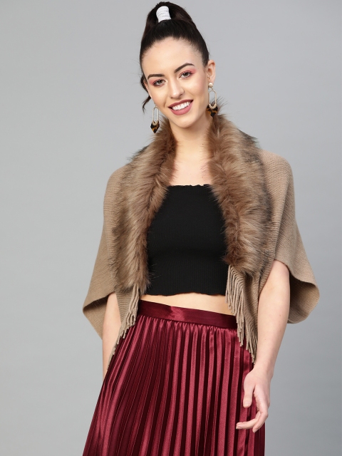 

SASSAFRAS Women Beige Solid Open Front Poncho Shrug