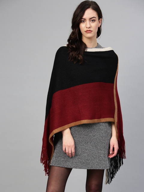 

SASSAFRAS Women Maroon & Black Colourblocked Poncho