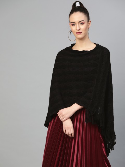 

SASSAFRAS Women Black Self Design Poncho Sweater