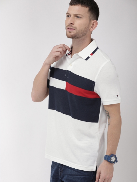 

Tommy Hilfiger Men White & Navy Blue Colourblocked Polo Collar T-shirt