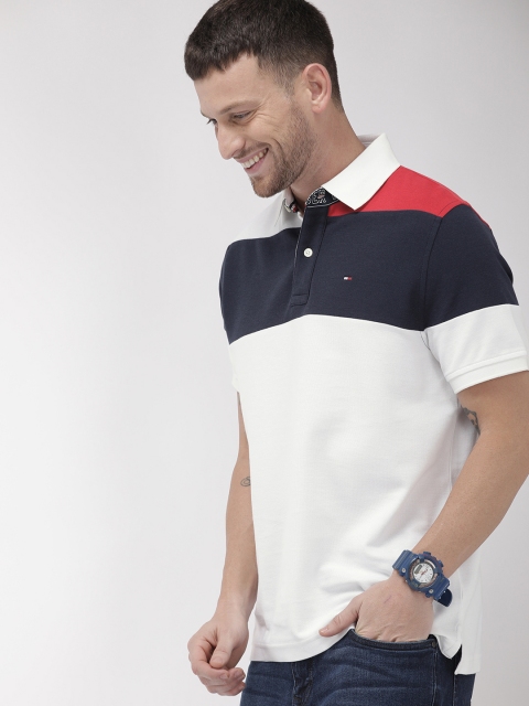 

Tommy Hilfiger Men White & Navy Blue Colourblocked Polo Collar T-shirt