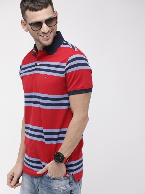 

Tommy Hilfiger Men Red & Navy Blue Slim Fit Striped Polo Collar T-shirt