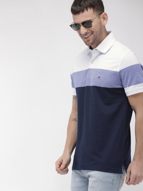 

Tommy Hilfiger Men White & Navy Blue Colourblocked Slim Fit Polo Collar T-shirt