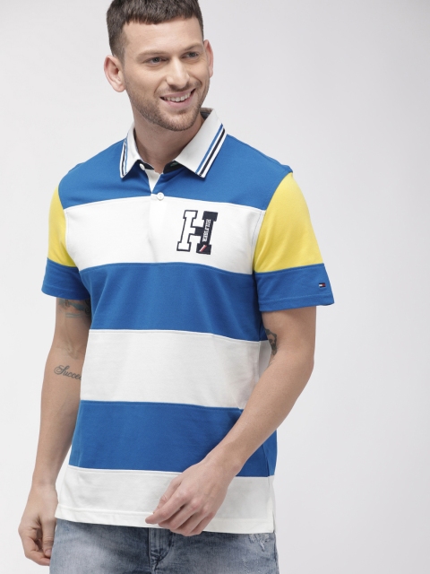 

Tommy Hilfiger Men Blue & White Striped Polo Collar T-shirt